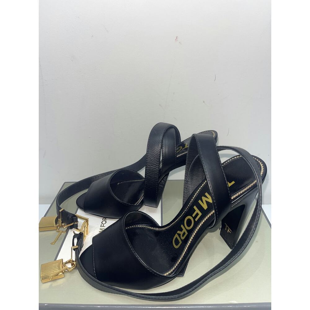 Tom Ford Black Leather Sandal Heels with Gold Padlock - Size 36 - Picture 3 of 4
